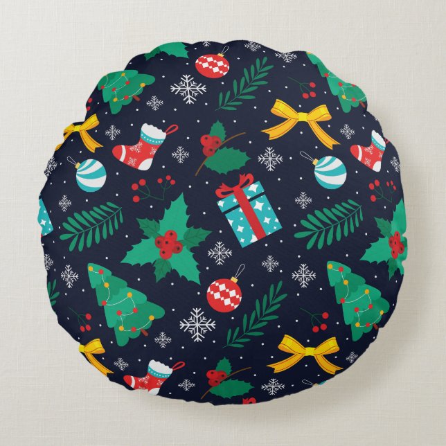 Cojín Redondo Navidades GreenTrees, Flakes, Stockings Pattern (Anverso)