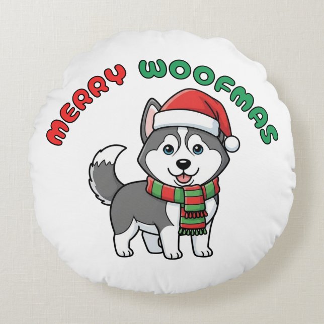 Cojín Redondo Navidades Husky Round Pillow: Merry Woofmas (Anverso)