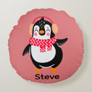 Cojín Redondo Navidades Jolly Penguin en una bufanda con bocanad