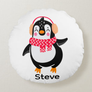 Cojín Redondo Navidades Jolly Penguin en una bufanda con bocanad