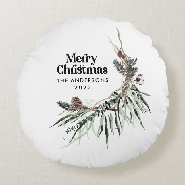 Cojín Redondo Navidades moderna y elegante acuarela cera botánic (Anverso)