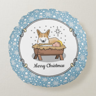 Cojín Redondo Navidades Natividad Pembroke Welsh Corgi (rojo1) D