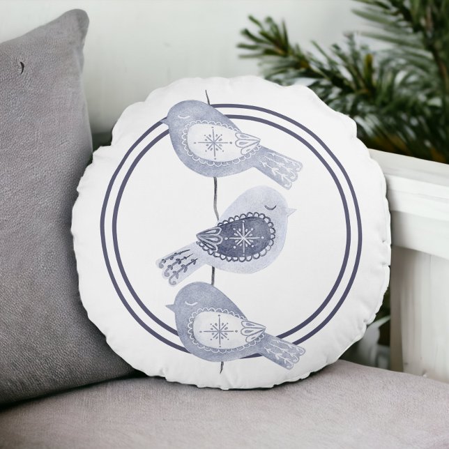 Cojín Redondo Navidades nórdicos Aves azules (Nordic Christmas Blue Birds Round Pillow from Ricaso)