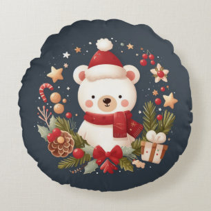 Cojín Redondo Navidades/oso de invierno en corona de flores