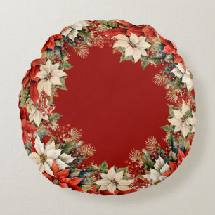 Cojín Redondo Navidades Poinsettias Wreath