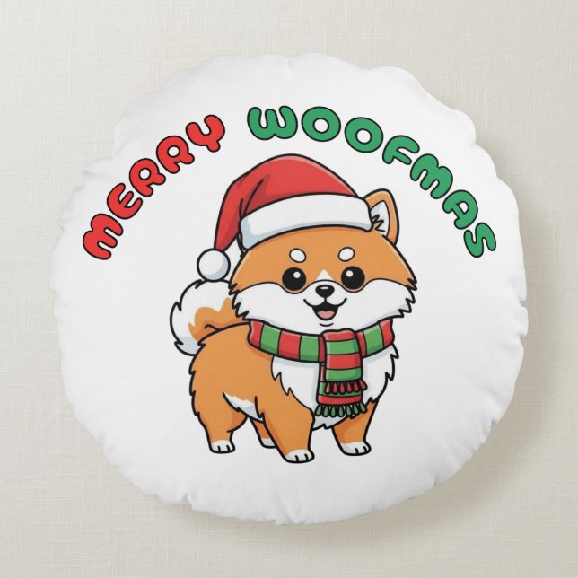Cojín Redondo Navidades Pomeranian Round Pillow: Merry Woofmas (Anverso)