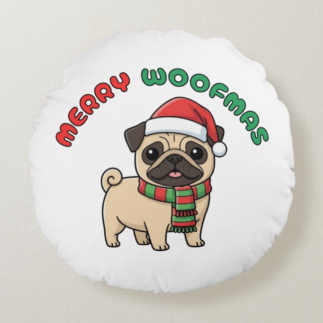 Cojín Redondo Navidades Pug Round Pillow: Merry Woofmas (Anverso)