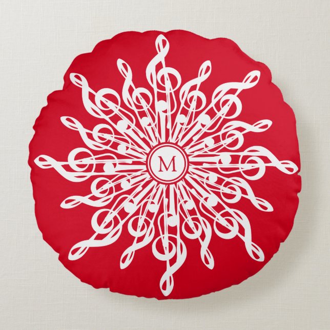 Cojín Redondo Navidades Red White Snowflake Music Notes Monogram (Anverso)