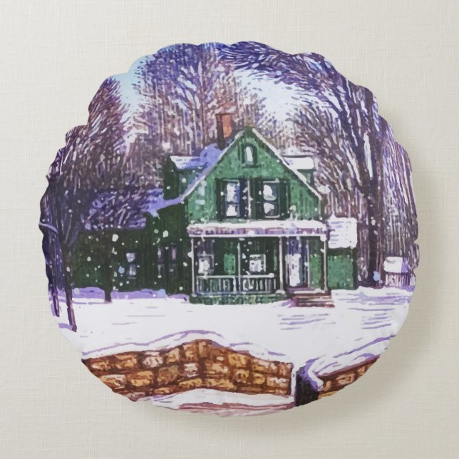 Cojín Redondo Navidades retro verde camino de invierno (Anverso)