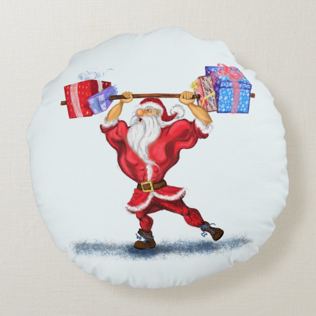 Cojín Redondo Navidades rodean a Pillow Bodybuilder Santa con re (Reverso)