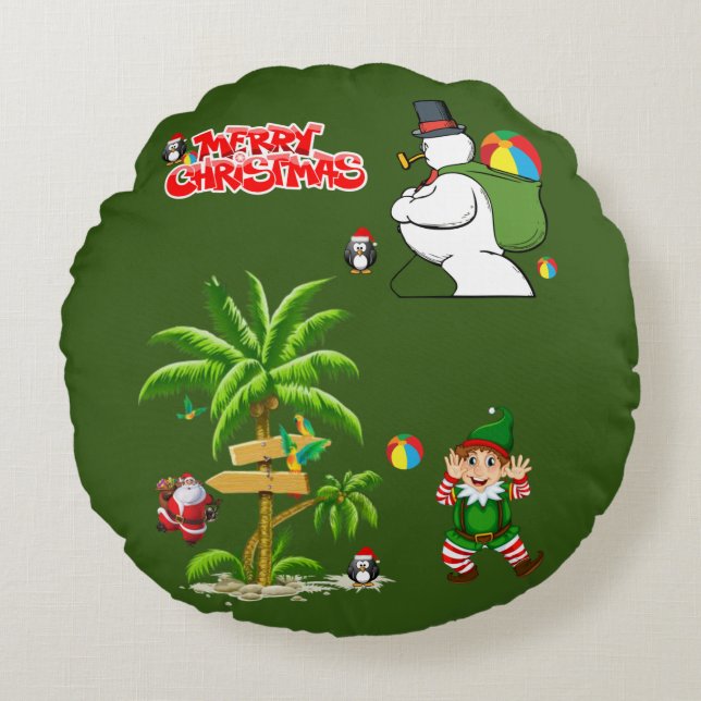 Cojín Redondo Navidades rodean Pillow, Summer Beach Santa (Anverso)