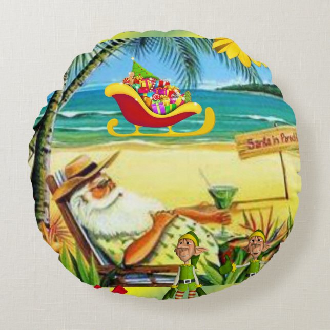 Cojín Redondo Navidades rodean Pillow, Summer Beach Santa (Anverso)