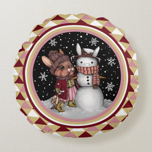 Cojín Redondo Navidades rosados de nieve Ilustracion de conejo c (Anverso)
