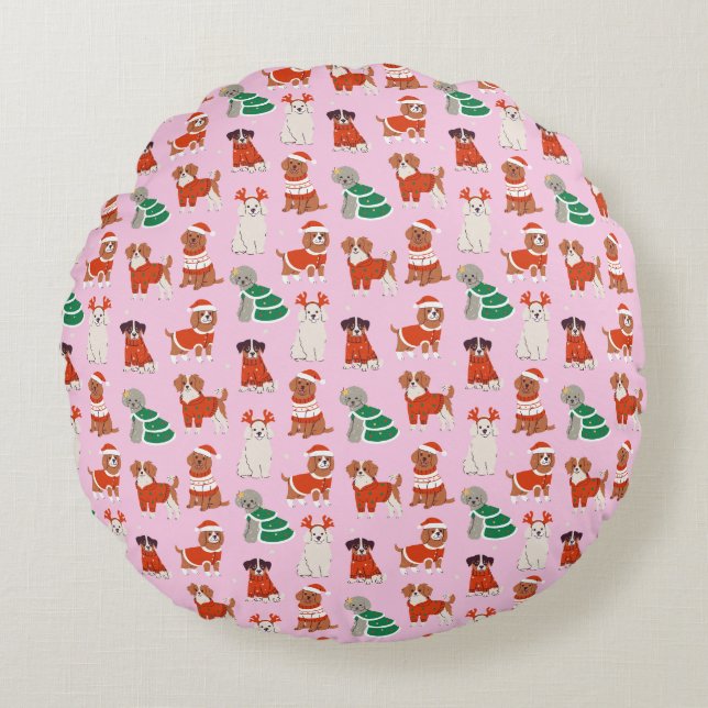 Cojín Redondo Navidades rosados perros redondos (Anverso)
