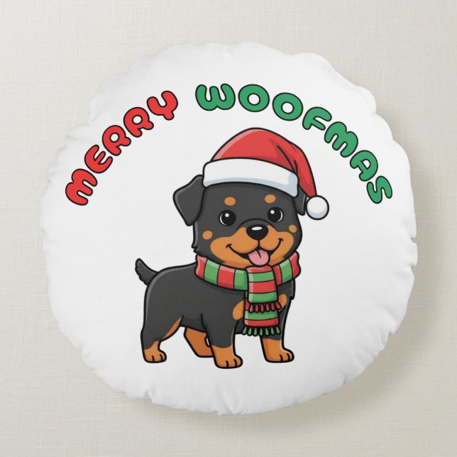 Cojín Redondo Navidades Rottweiler Round Pillow: Merry Woofmas (Anverso)