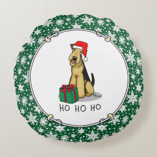 Cojín Redondo Navidades Santa Airedale Terrier HO HO Cute