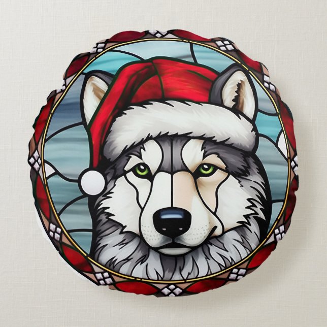 Cojín Redondo Navidades Siberian Husky Staines Glass (Anverso)