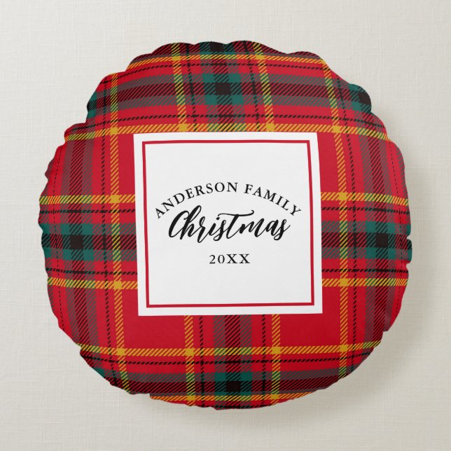 Cojín Redondo Navidades Tartan Plaid Family Name Year (Anverso)