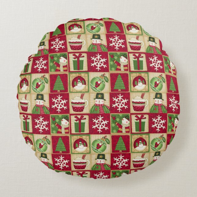 Cojín Redondo Navidades Tema Snowman Snowflakes Red Green Gold (Anverso)