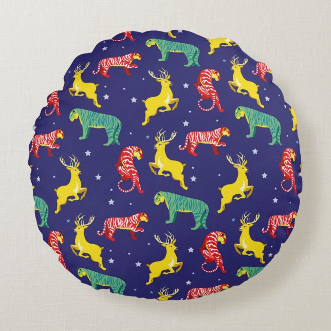 Cojín Redondo Navidades venados y tigres. Tendencias de color!_ (Anverso)