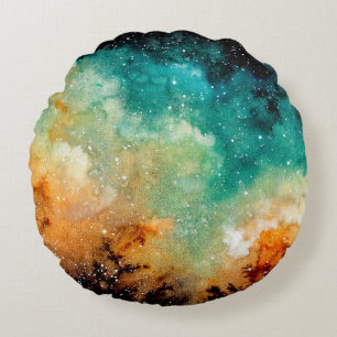 Cojín Redondo Nebulosa amarillo brillante, estrellas y seda colo