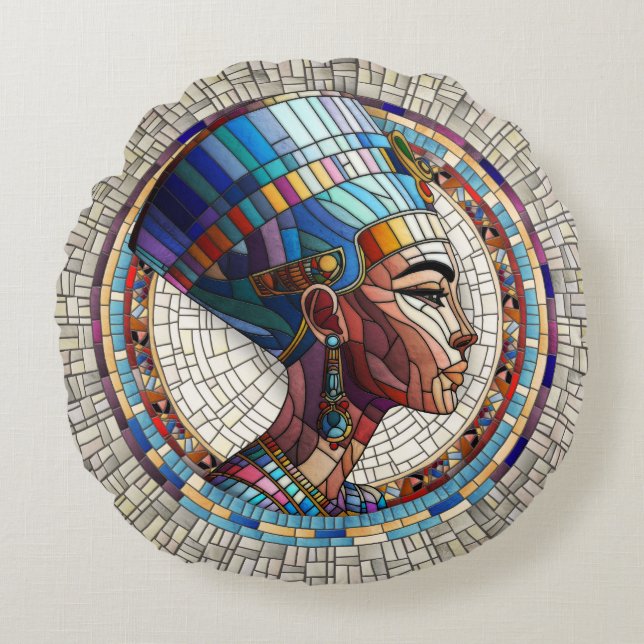 Cojín Redondo Nefertiti egipcio - Arte Mosaico (Anverso)