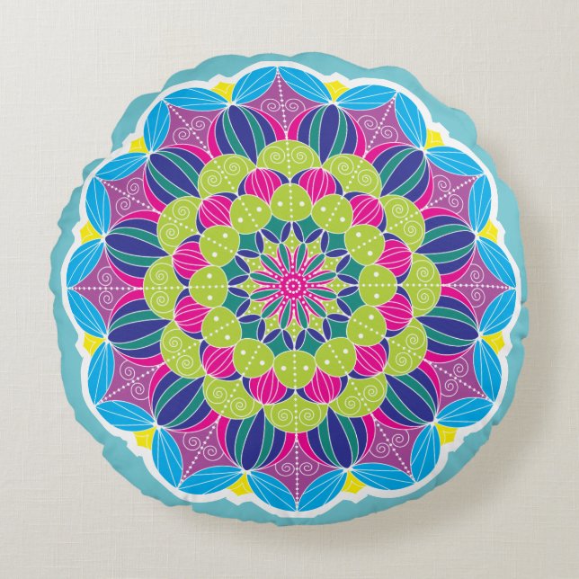 Cojín Redondo Negrita Brillante Funky Neon Mandala (Anverso)