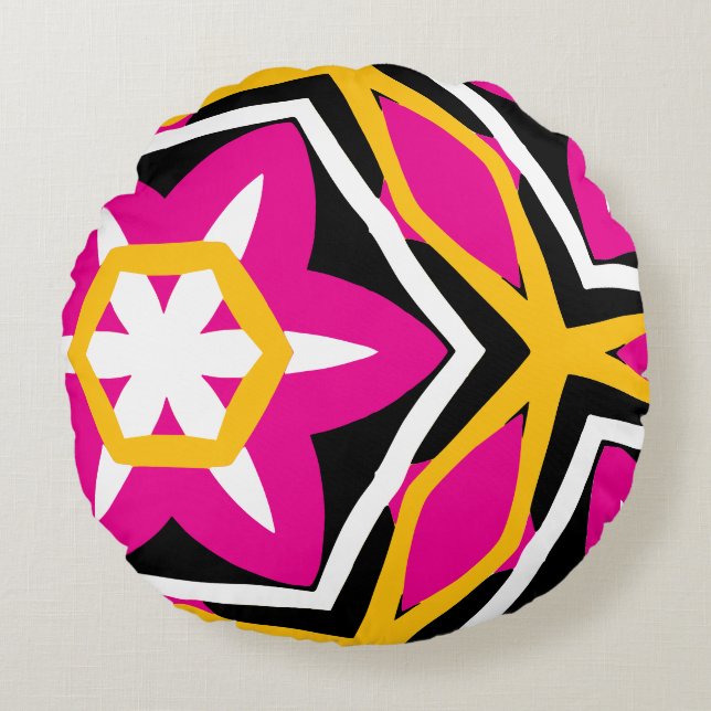 Cojín Redondo Negrita Rosa amarillo negro moderno (Anverso)