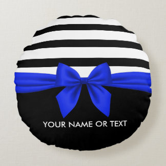 Cojín Redondo Negro personalizado, blanco negrita franjas azul