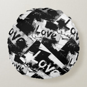 Cojín Redondo Negro y blanco con manchas patrón de amor