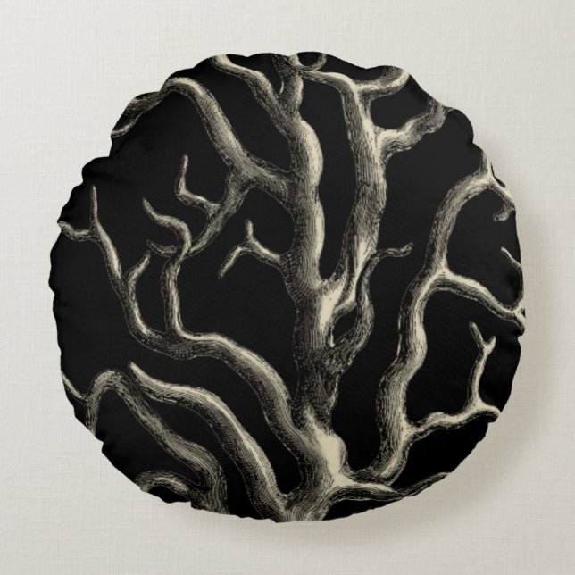 Cojín Redondo Negro y Tan Coral (Anverso)