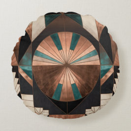 Cojín Redondo Neo Art Deco Geometric Teal Copper Gold Sunburst