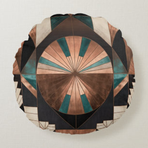 Cojín Redondo Neo Art Deco Geométrico Resplandor de Cobre Teal D
