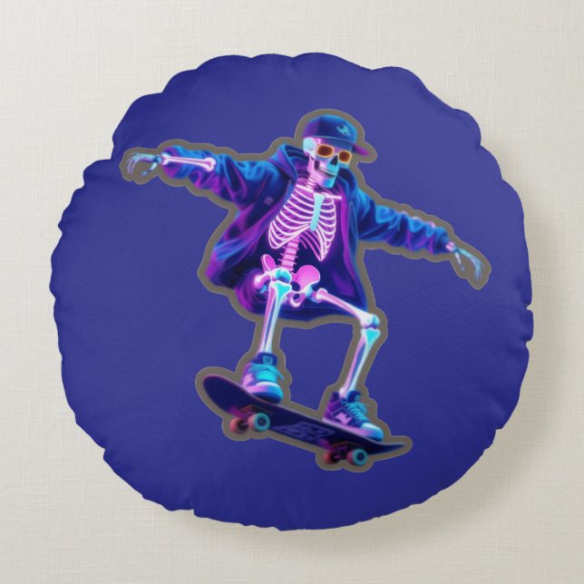 Cojín Redondo Neon 3D Skeleton Skateboarding – Funny Streetwear  (Anverso)