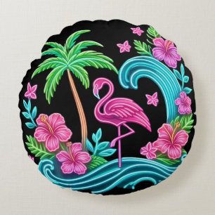 Cojín Redondo Neon Flamingo Tropical