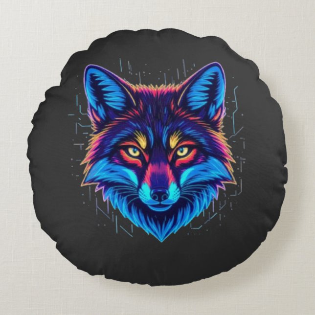 Cojín Redondo Neon Fox Face – Vibrant Glowing Design (Anverso)