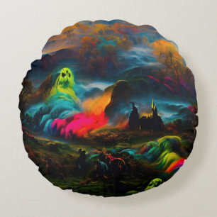 Cojín Redondo Neon Ghosts en un entorno de fantasía
