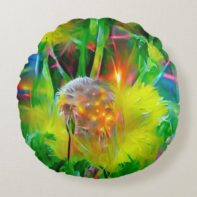 Cojín Redondo Neon Glow Dandelions en Dream Garden (Anverso)
