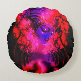 Cojín Redondo Neon Goddess in Enchanted Forest