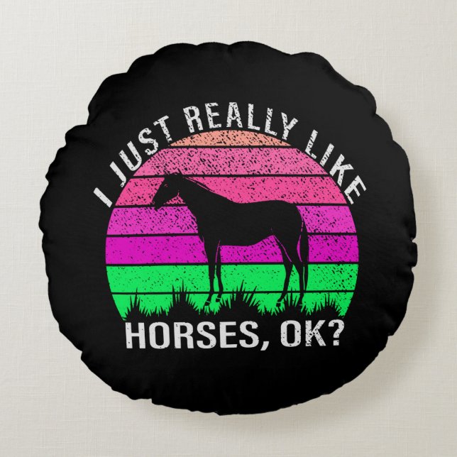 Cojín Redondo Neon Sunset me gustan mucho los caballos (Anverso)