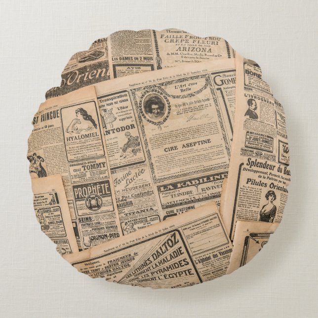 Cojín Redondo Newspaper pages with antique advertising. Vintage  (Anverso)