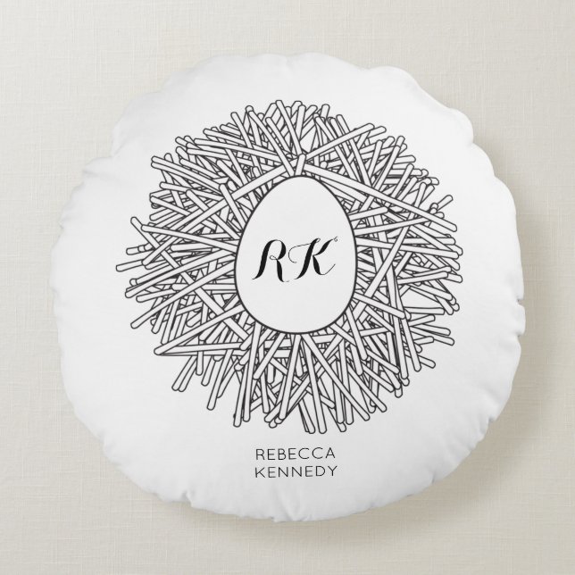 Cojín Redondo Nido y Huevo Cute - Iniciales y Nombre Personaliza (Anverso)