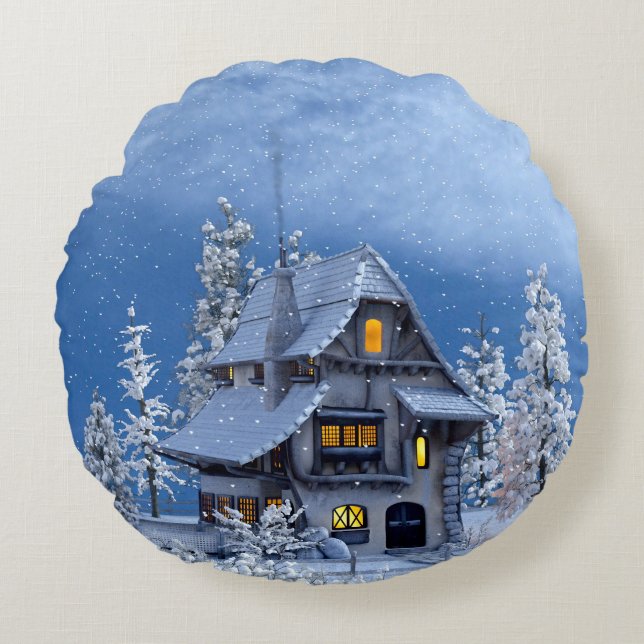Cojín Redondo Nieve navidad en casa de Gingerbread (Anverso)