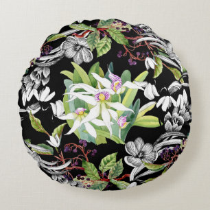 Cojín Redondo Nieves y orquídeas: Patrón negro esbozado