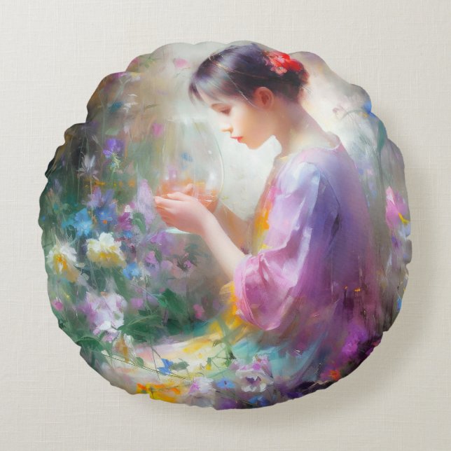 Cojín Redondo Niña admirando una flor en sus manos  (Anverso)