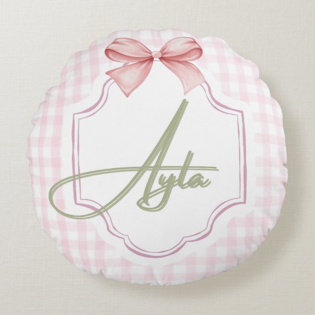 Cojín Redondo Niña Ayla Nursery Bow&Gingham personalizada (Anverso)