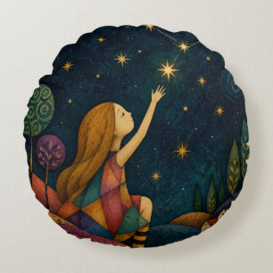 COJÍN REDONDO NIÑA CAPRICHOSA ALCANZANDO LAS ESTRELLAS
