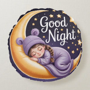 Cojín Redondo Niña de dibujos animados linda durmiendo en la lun
