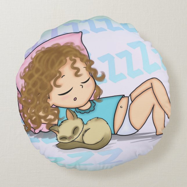 Cojín Redondo Niña Durmiendo con Gatito Adorable (Reverso)