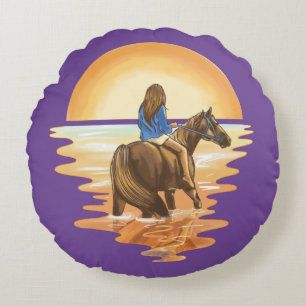 Cojín Redondo Niña montando caballo en puesta de sol